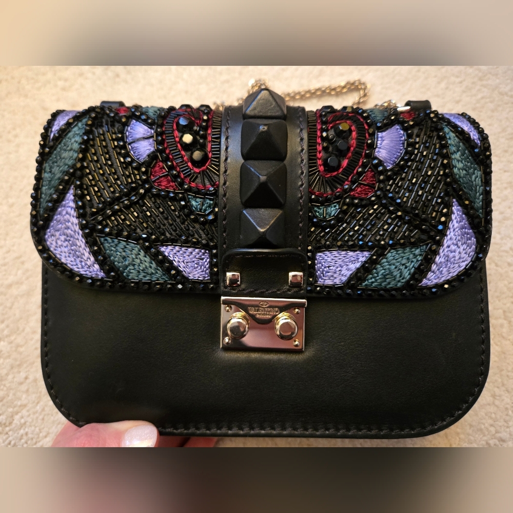 Valentino Black Rockstud Glam Crossbody Bag with Embroidery and Beading